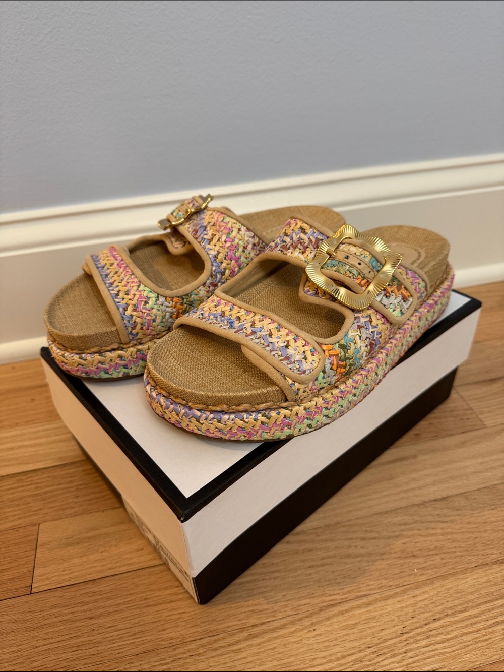 NWT Larroude Maui Slide in Tapestry Rainbow Raffia and Beige Trimming